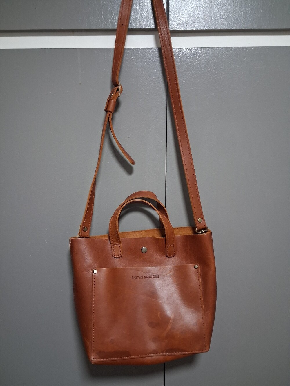 Portland Leather Tan Brown Crossbody Tote with Front Pocket